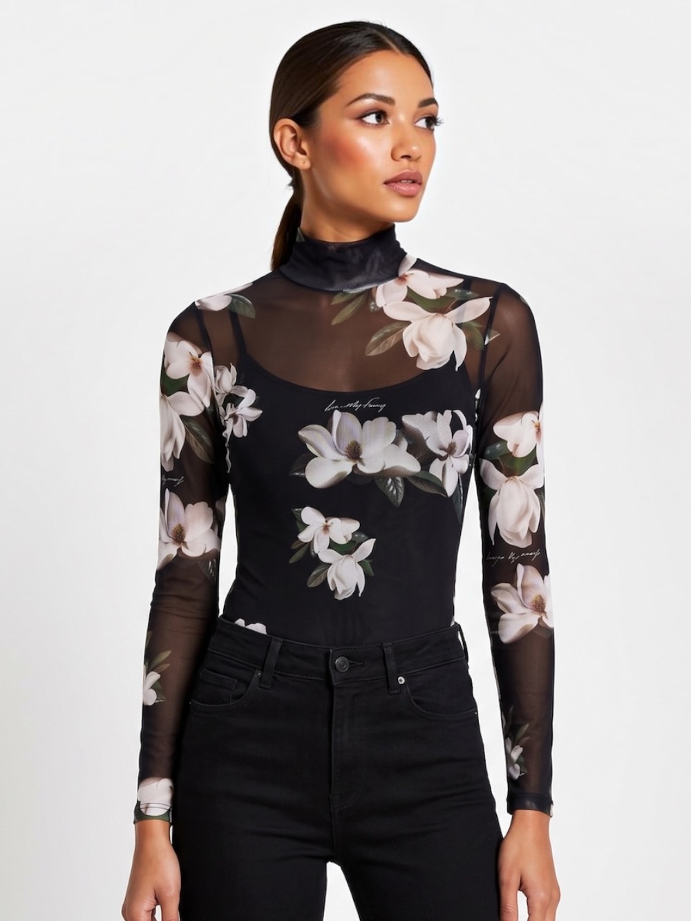 All Saints Elia Alessa NWT Black Floral Mesh Bodysuit Sheer Turtleneck Sz 0